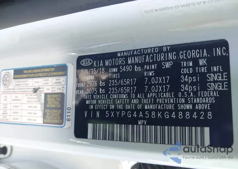 2019 Kia Sorento 3.3L Lx из США, поврежденный, VIN 5XYPG4A58KG488428